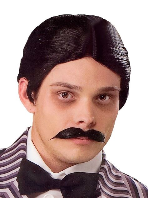Gomez Addams Mens Wig and Moustache Set. $43.99. Buy now, pay later. They're creepy and they're kooky, The Addams Family! Add this officially licensed men's Gomez Addams wig and black moustache to your Halloween Addams Family costume. This short black wig and moustache set is a great Gomez fancy dress costume accessory.. Gomez addams wig