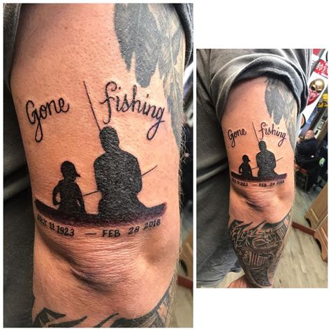 Gone fishing memorial tattoos. This type of design is ideal for small fishing memorial Tattoos . Hence it's not too heavy and keeps the size streamlined. You could place this tattoo style on your ankle or neck to keep it subtle. 2. Gone Fishing. Gone fishing is an ideal phrase to tattoo on your grandfather. It's concise and poignant. 