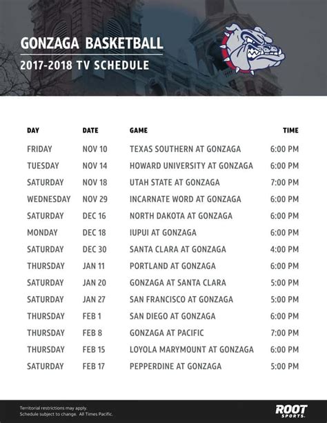 Visit ESPN to view the Gonzaga Bulldogs team schedule for the current and previous seasons. ... Gonzaga Bulldogs Schedule 2023-24. Regular Season: DATE: OPPONENT: TIME: TV: Mon, 20 Nov: vs Purdue * 10:00 PM: Sat, 9 Dec @ Washington. TBD: Wed, 20 Dec: vs Jackson State. TBD * Game played at neutral location .... 