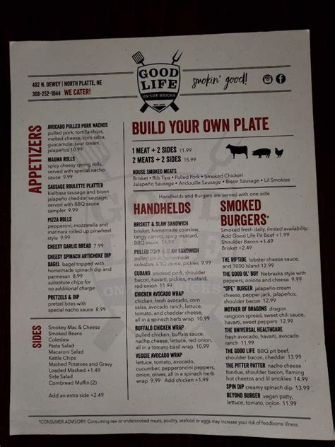 Good Life on the Bricks menu in North Platte, Nebraska, USA