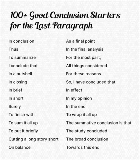 Good conclusion starters. When writing an essay, project, article or dissertation, it is important to close your work with a good conclusion. The conclusion of your work is your last chance to show your tutor that you have correctly understood the question or assignment addressed, and that you have a firm grasp of the subject. This is not the time to add in new ... 