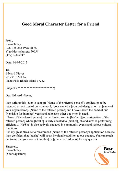 Good moral character template. 3. Academic Letter of Good Moral Character Template with Court: Commonly required for individuals facing legal issues related to their academic pursuits, this template emphasizes the person's educational integrity, discipline, and ethical behavior. Professors, mentors, or academic advisors are usually approached to provide such letters. 