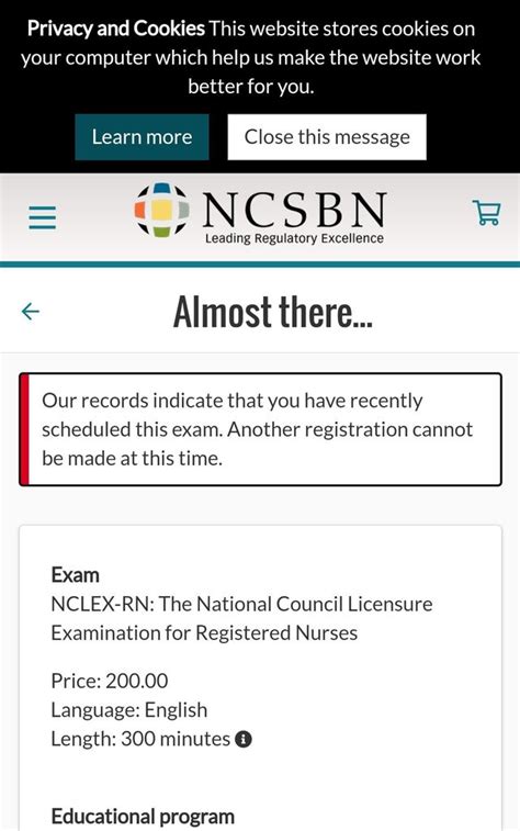 There are two good pop-ups, the actual wording may vary slightly but here are the most common responses: Our records indicate that you have recently scheduled this exam. Another registration cannot be made at this time. The candidate currently has an open registration for this exam. A new registration cannot be made at this time. Bad Pop-up. 