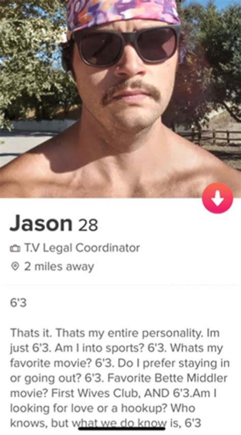 Good tinder bios for men. Mar 9, 2016 ... My full profile lists my job and age, then reads: “For work, I do dangerous stuff outdoors with my dog, then write about it. But, I like living ... 