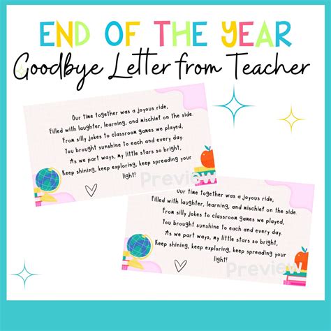 Jun 7, 2022 · Jotting down your thoughts and feelings about ending your journey can be cathartic and give you and your students the closure you need. You can turn it into an exercise where you both write a letter to each other and then share them on the last day. In the letter, you can share your fondest memories of your time together and warm wishes for .... 