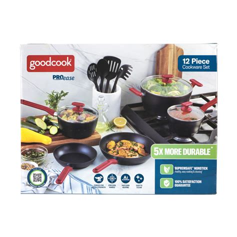 Goodcook - This GoodCook ProEase 12-piece cookware set is essential for soups, stews or boiling corn cobs or pasta. A great quality, 5X more durable, GoodCook's most durable pan thickness and vessel construction, uses less oil than uncoated cookware. Supremsafe Nonstick: Healthy, easy cooking and cleaning. The handles are temperature resistant bakelite ... 