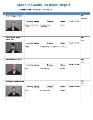 Goodhue county jail roster pdf. This Goodhue County Minnesota Most Wanted List posts the top 50-100 fugitive criminals on the run. Many, if not most should be considered armed and dangerous. If you come across them, do not attempt to apprehend them yourself. Instead, immediately call the Goodhue County Sheriff's Department at 651-267-2804. 