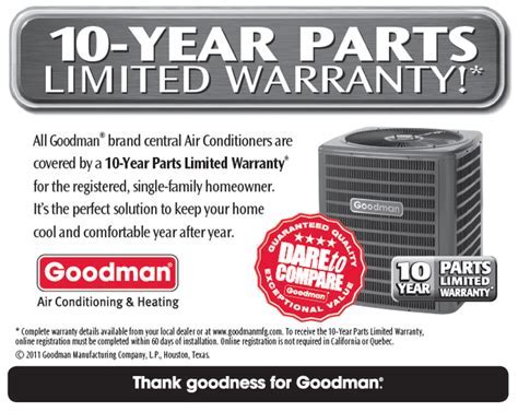 Goodman warranty look up. * Complete warranty details available from your local dealer or at www.goodmanmfg.com. To receive the Lifetime Heat Exchanger Limited Warranty (good for as long as you own your home), 10-Year Unit Replacement Limited Warranty and 10-Year Parts Limited Warranty, online registration must be completed within 60 days of installation. 