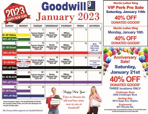 Goodwill sale calendar. Donating to Goodwill is a great way to make a difference in your community. By donating items that you no longer need, you can help those in need while also helping the environment... 