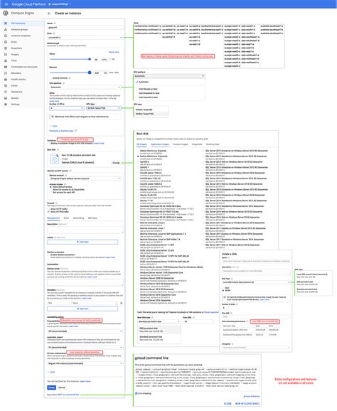 Google Compute Engine — exploded view of the create instance dialog
