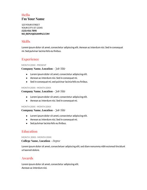 Google Docs Coral Resume Template