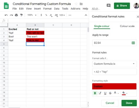 Google Sheets Conditional Formatting with Custom Formula Yagisanatode
