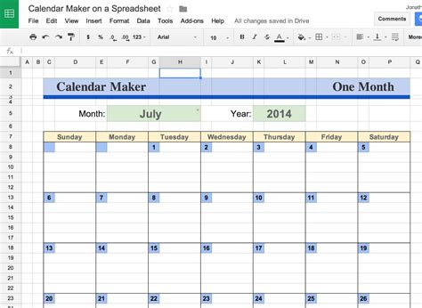 Google Sheets Template Calendar
