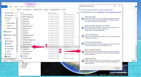 Google earth repair tool.  Restore default settings: Return Google Earth preferences to th...