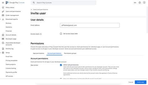 Google play console developer account.  Add developer account users and manage permis...