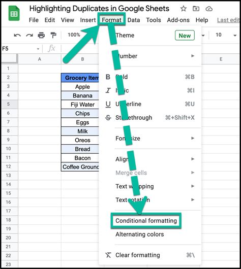 Google sheet highlight duplicates. Open the spreadsheet you want to check for duplicates in Google Sheets. First, select the first column (A) to check with column B. You can highlight the entire column by clicking on the column letter above it. Then, click the ‘Format’ menu from the menu bar and select ‘Conditional formatting’. 