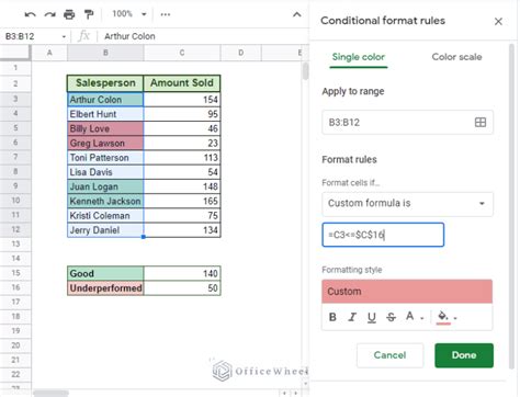 Google sheets conditional formatting based on another cell.  In this I am lo...