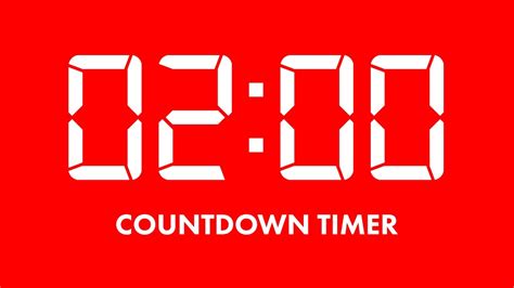  2 Minute Timer. 0 Hours. 02 Min. 00 Sec. Reset. Timer details. Preset timer for two minute. Allows you to countdown time from 2 min to zero. Easy to adjust, pause, restart or reset. 2 minute equal 120000 Milliseconds. 2 minute equal 120 Seconds. Popular Preset Timers. 1 min. 5 min. 10 min. 15 min. 30 min. 45 min. 1 hour. 2 hour. More Timers. 1 Min. 