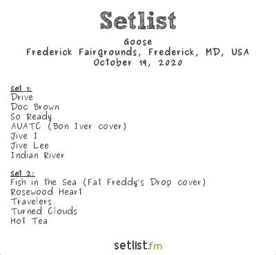 Goose band setlist. Get the Goose Setlist of the concert at Pepsi Amphitheater at Fort Tuthill Park, Flagstaff, AZ, USA on October 3, 2023 and other Goose Setlists for free on setlist.fm! 