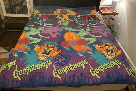 Goosebumps comforter. The Goosebumps brand invaded toy stores and TVs and children’s bedrooms. I remember begging for Goosebumps bedding. I guess I figured if the monsters were on my bed, I would be less afraid to look under the bed. Whenever I wanted to read something scary and gross, Goosebumps books were always there to fill the void. ... 