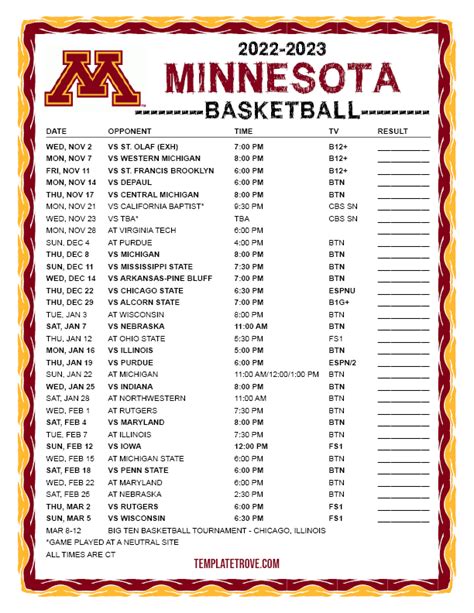 Gophers Basketball Schedule Examples and Forms