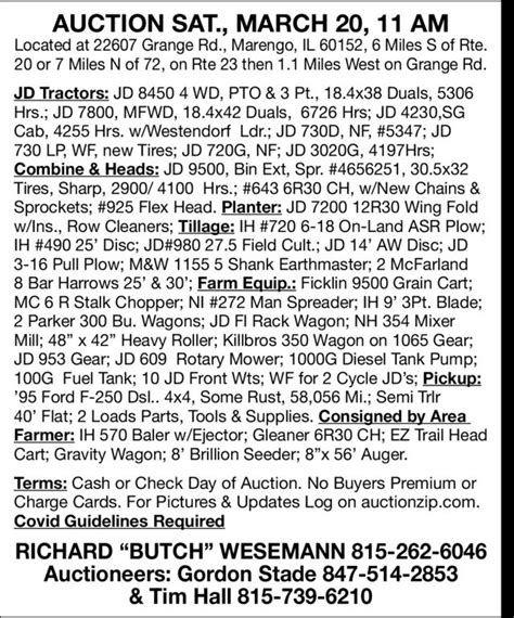 Auctions appearing in the March 4, 2022, edition of the Wisconsin State Farmer. News Business Editorials Classifieds Legals. MONEY. ... Of Jr. White., Owner. Log on to auctionzip.com. Tom Roach owner (815) 784-2131. Auctioneers: Gordon Stade, Monroe Center 847-514-2853 and Tim Hall, Kirkland 815-739-6210. **Edgerton, WI.. 