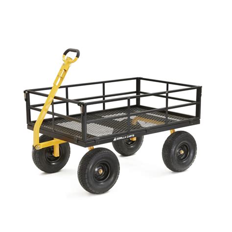 This Gorilla Carts® heavy-duty steel cart holds up to 1,500 pounds and has 16-inch pneumatic tires to handle your heaviest loads. It allows you to transport heavy materials across your lawn or jobsite with ease. The cart has a rugged mesh bed with removable sides to allow you to easily convert it into a flatbed for larger sized loads. You can also conveniently hook your cart up to the back of .... 