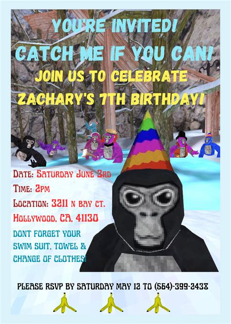 Gorilla Tag VR Birthday Invitation in 2 (Two) sizes.