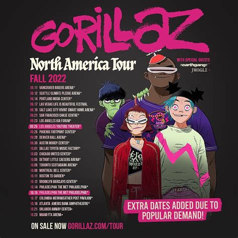 Gorillaz tour 2024. When Gorillaz performs in Phoenix, concerts are typically held at Talking Stick Resort Arena, which seats 18422, Ak-Chin Pavilion, which seats 20000, or Comerica Theatre, which seats 5000. For more concerts in Phoenix, browse our Phoenix concert tickets or take a look at the upcoming events at the venues mentioned above. 
