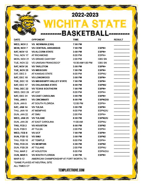 Goshockers basketball schedule. W. 55-79. C. Porter 22. J. Pierre 7. C. Porter 4. View the Wichita State Shockers basketball schedule for NCAA men's college basketball on FOXSports.com. 