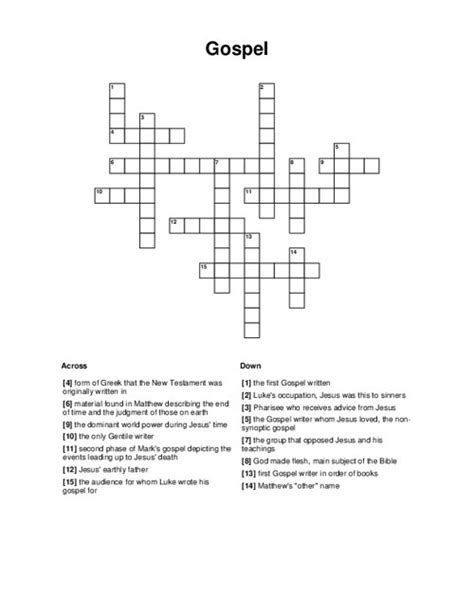 Gospel author crossword clue. The Crossword Solver found 30 answers to "Author of the third gospel", 6 letters crossword clue. The Crossword Solver finds answers to classic crosswords and cryptic crossword puzzles. Enter the length or pattern for better results. Click the answer to find similar crossword clues . Enter a Crossword Clue. A clue is required. 