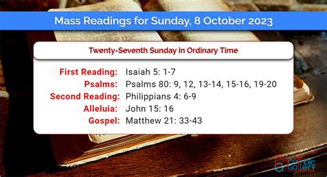 Gospel reading october 8 2023. R. Rejoice in the Lord, you just! The mountains melt like wax before the LORD, before the LORD of all the earth. The heavens proclaim his justice, and all peoples see his glory. R. Rejoice in the Lord, you just! Light dawns for the just; and gladness, for the upright of heart. 