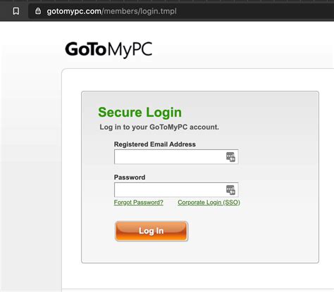 Login to Your GoToMyPC account to securely access your PC or Mac anywhere, from any device! FAQs; 24/7 Support; Log In; Secure Login Log in to your GoToMyPC account. Registered Email Address Password. Forgot Password? Corporate Login (SSO) Guest Invite. Share your screen with a guest.. 
