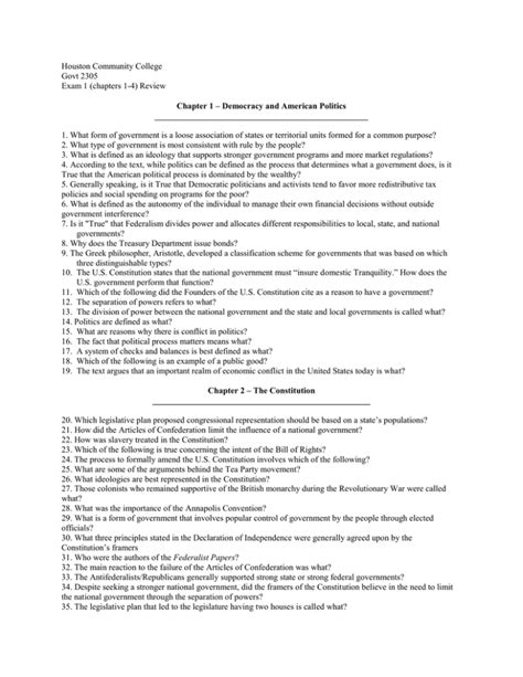View GOVT 2305 test 2 essay questions .pdf from GEO 2305 at Chamberlain University College of Nursing. 1. In a democracy, it is assumed that elected representatives should implement the