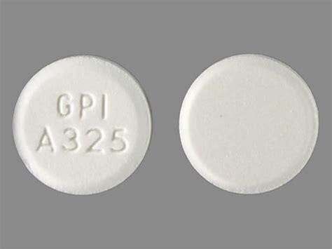 The following drug pill images match your search criteria. Search Results. Search Again. Results 1 - 1 of 1 for " gpi a325". 1 / 5. GPI A325. Acetaminophen. Strength. 325 mg.