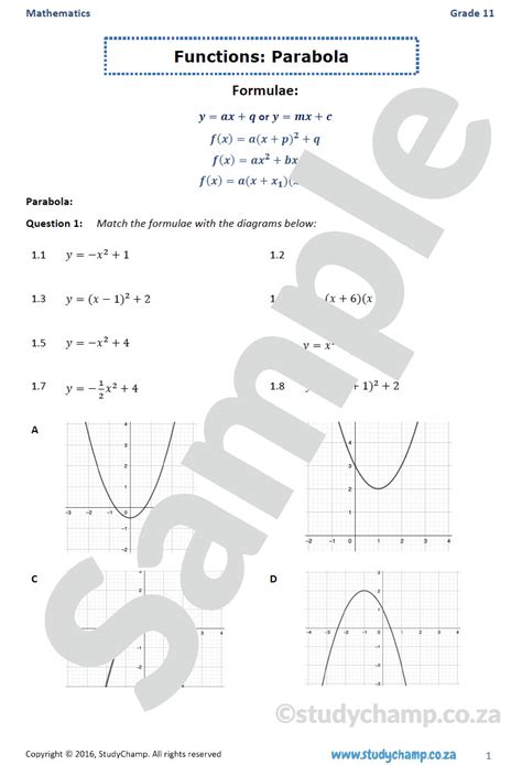 Grade 11 Mathematics Worksheet Functions Parabola Worksheets Library