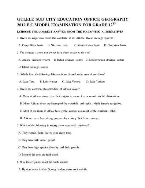 Grade 12 geography model exam pdf.  The document provides a geography model exam for g...