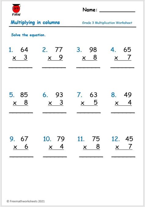 Grade 3 Multiplication Worksheets Develop Column Multiplication Skills