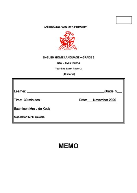 Grade 5 English HL Past Exam Papers - Laerskool Van Dyk Primary