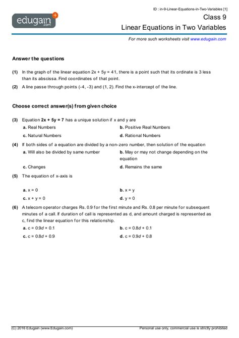 Grade 9 Linear Equations in Two Variables Math Practice, Questions