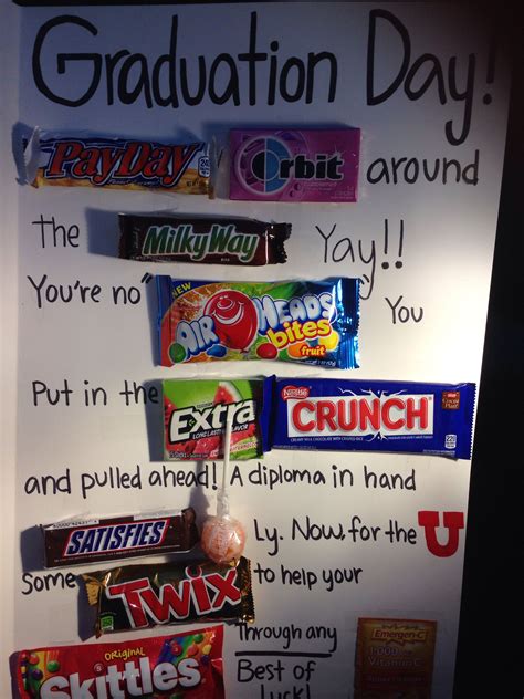 Graduation candy poster board ideas. This "Congrats Grad" PRINTABLE Candy Poster is a sweet way to celebrate a high school graduate's accomplishment! A fun, light-hearted gift for that special graduate! Just have the poster printed, mount it on a foam board, then adhere the candy in the spaces provided. Please CAREFULLY read the points below before purchasing! 
