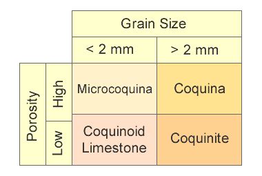Fine- to Medium-grained – Individual grains range in size from 1/16 mm and above; Angular Shell Grains – Sharp, angular shell fragments cemented together; Reacts with Acid – Reacts …. 
