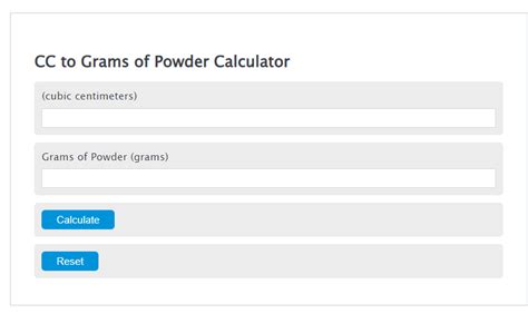 Grams to cc powder calculator. Solution: Converting from milligrams to cubic centimeters is very easy. We're going to use the formula : cubic centimeters = milligrams / (density of the ingredient × 1000) The density of water is 1 g/cm³ So, cm³ = 50 / (1 × 1000) cm³ = 0.05 Therefore, 50 milligrams converted to cubic centimeters is equal to 0.05 cm³. 