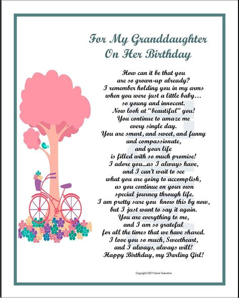 Granddaughter birthday poems. Granddaughter Birthday Poem. You can customize this granddaughter birthday poem by substituting something like "pretty brown hair" for "pretty blond curls." Special Granddaughter There's someone we love, Our special granddaughter; She's sweet and she's nice, Just like Dad and Mom taught her. 