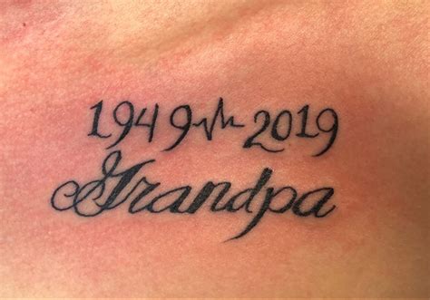 Nov 20, 2022 · 8. Memorial Tattoo for Grandpa. Here is a stunning memorial tattoo for someone’s grandpa. The design features a grandpa and granddaughter in the sunset. This tattoo is heart-warming and emotional, it shows the love between the two. Something like is a unique design that will keep a loved one’s memory alive.. 