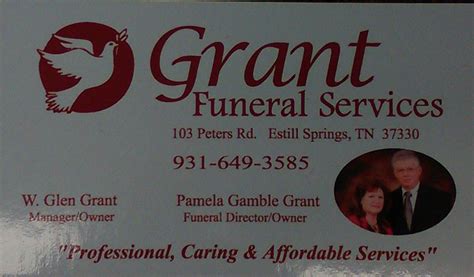 Funeral Homes in Estill Springs, TN. Grant Funeral Services. Grant Funeral Services. Chat Now {{phoneLinkText}} Share. 103 Peters Rd., Estill Springs, TN 37330.