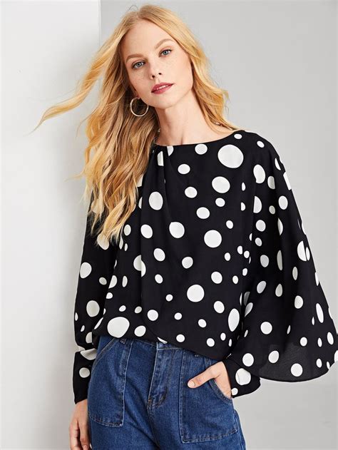 Graphic Dot Print Long Sleeve Blouse Tunics Blouses