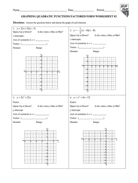Graphing Quadratic Functions Factored Form Worksheet 2 Answer Key