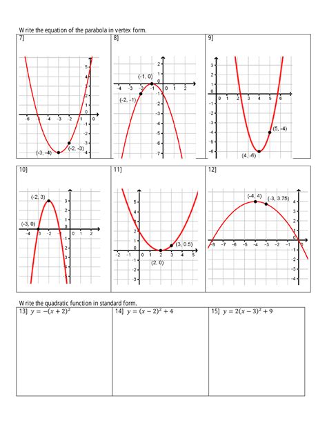 Graphing Quadratic Functions In Vertex Form Worksheet
