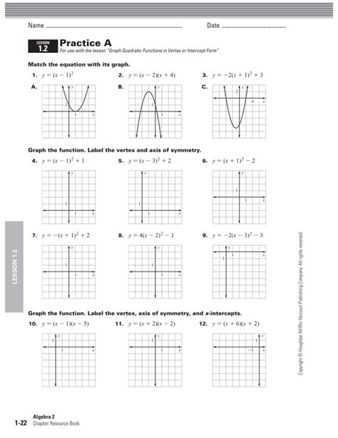 Graphing Quadratic Functions Worksheet Answer Key Algebra 1 Algebra